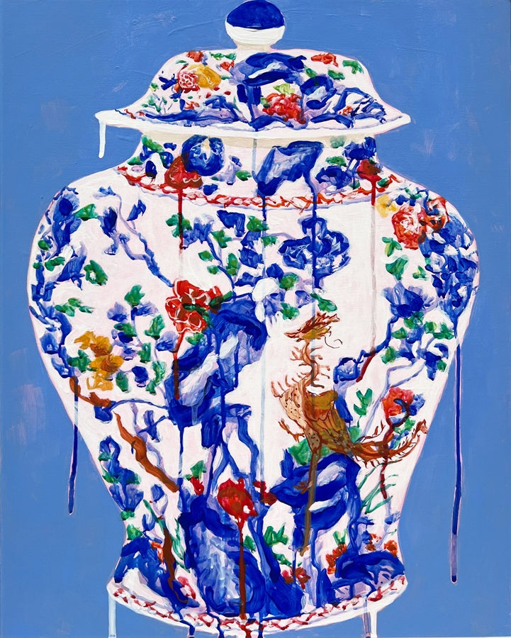 Blue and Gold Lidded Jar with Pheasant, 16"x20" Painting