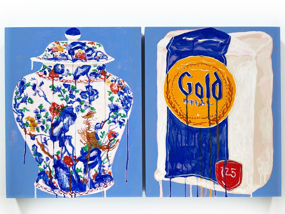 Blue and Gold Flour Sack, 16"x20" Painting