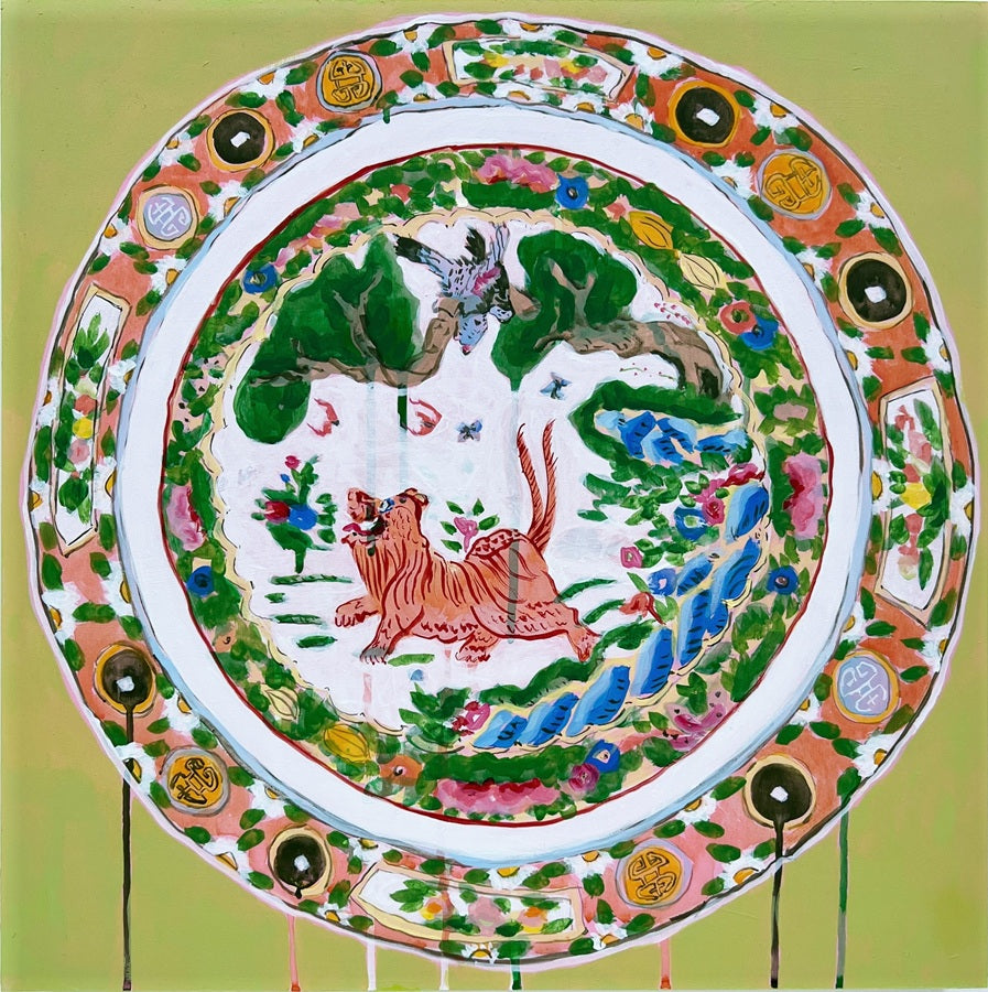 Green and Gold Lion Plate, 20"x20" Painting