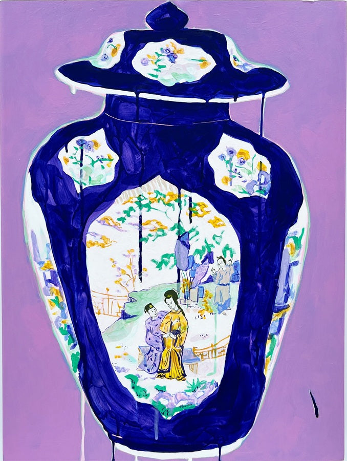 Indigo Lidded Scenic Jar, 18"x24" Painting
