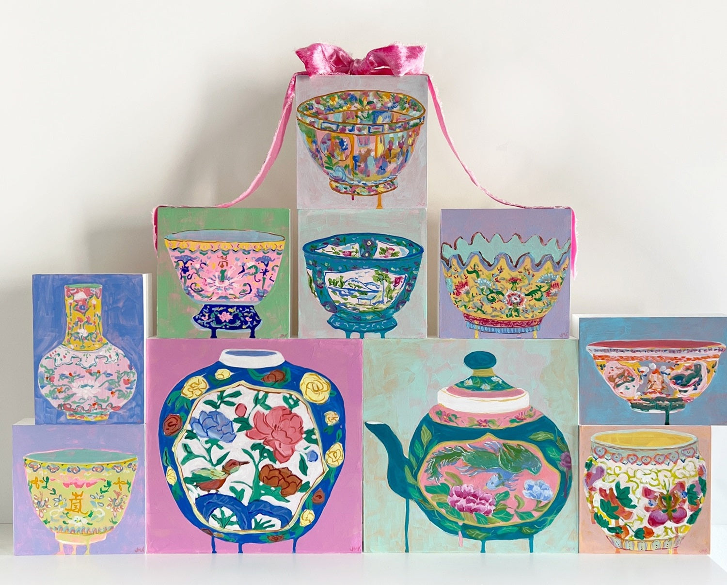 Green Floral Bowl, 6"x6" Painting