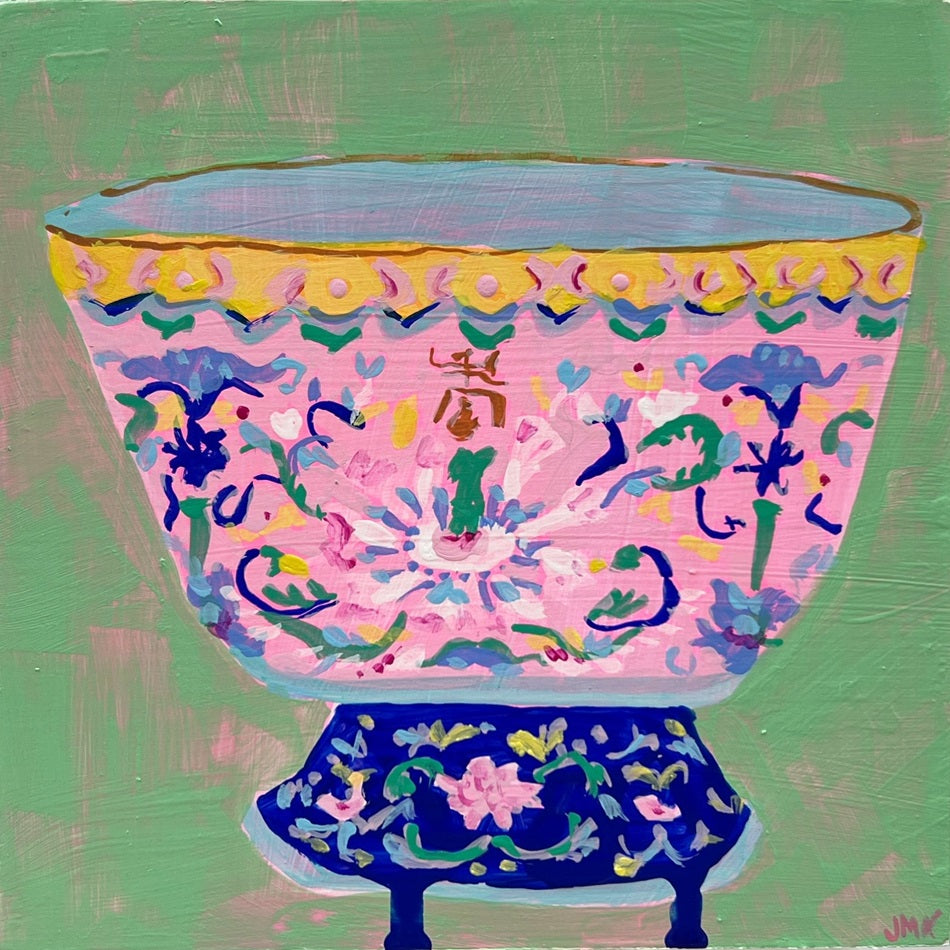 Pink and Blue Footed Bowl, 6"x6" Painting