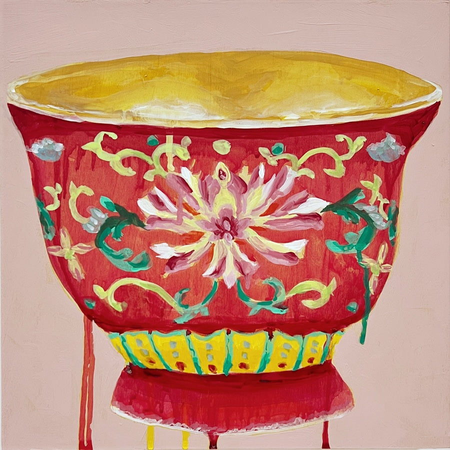 Red and Gold Floral Bowl, 10"x10" Painting