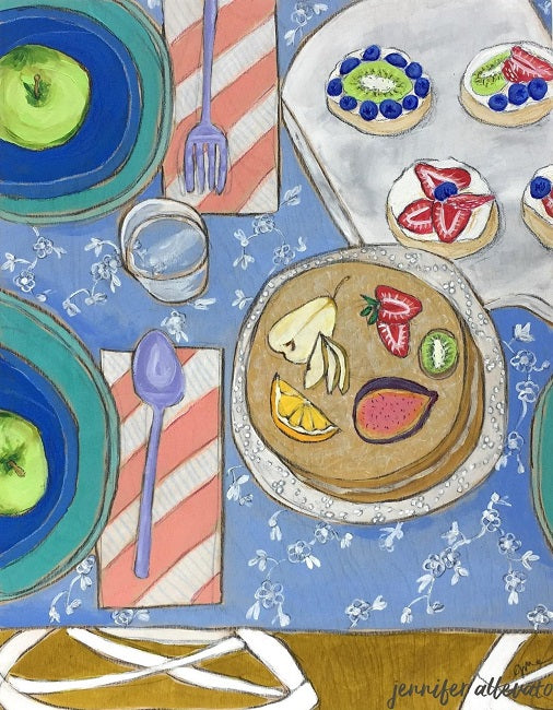 Cake and Tarts tablescape food still life painting by Jennifer Allevato