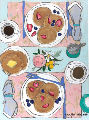Coffee and Pancakes tablescape food still life painting by Jennifer Allevato