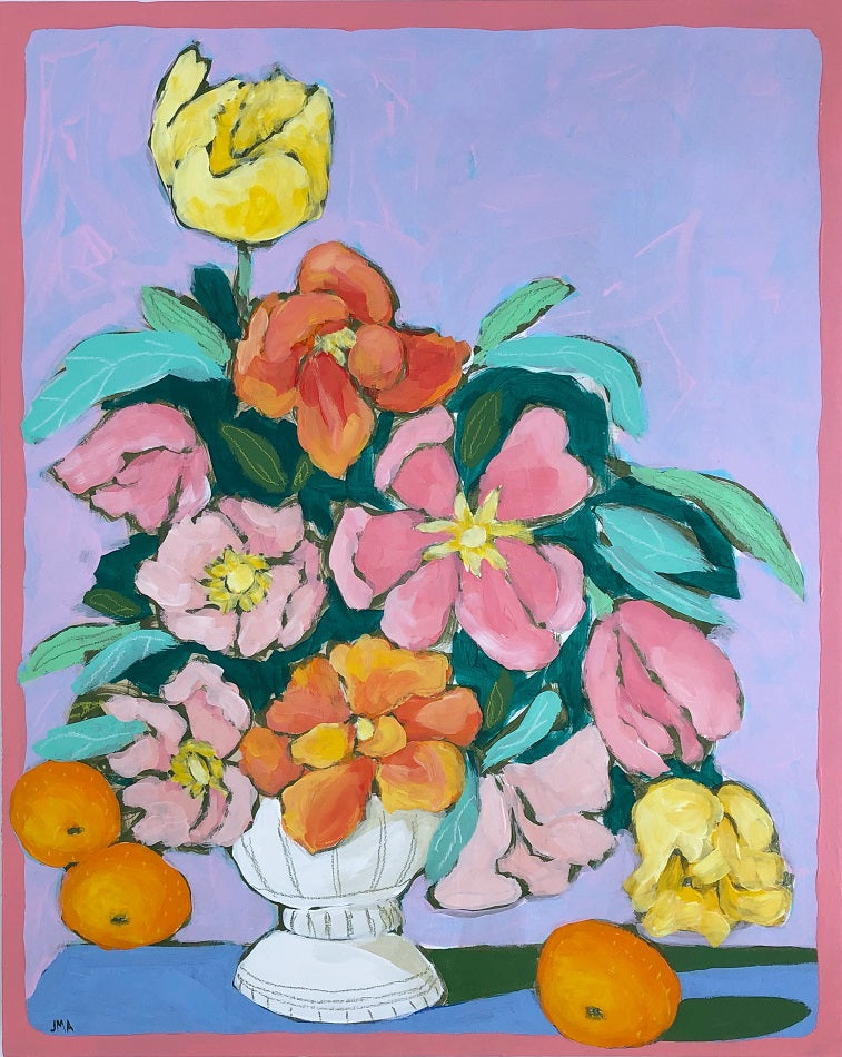 Coral Lines and Flowers, 16"x20" Painting