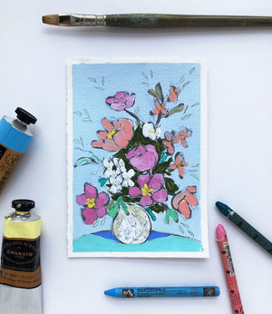 Flowers and Friends, 5"x7" Painting on paper