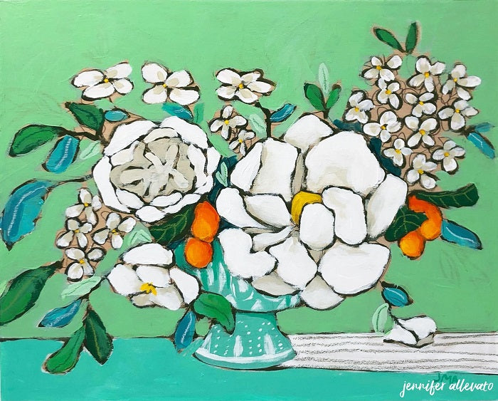 From a Table in Darlington floral still life painting by Jennifer Allevato