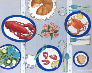 Lobster Crab and Prawns tablescape food still life painting by Jennifer Allevato