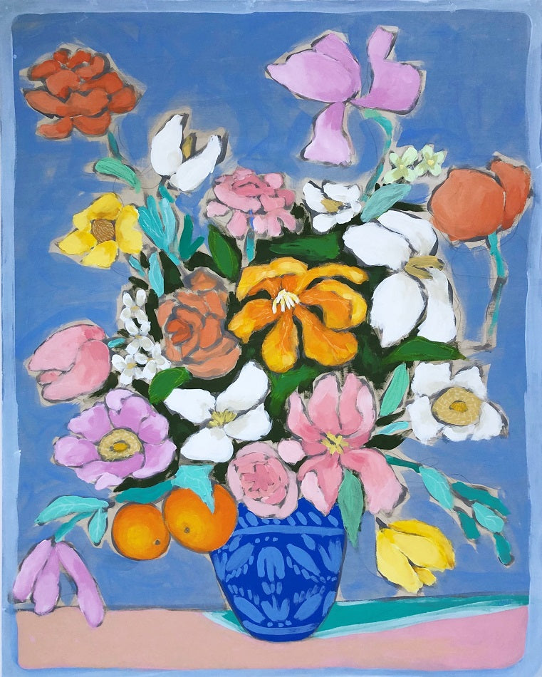 Powder Blue Lines and Flowers, 24"x30" Painting