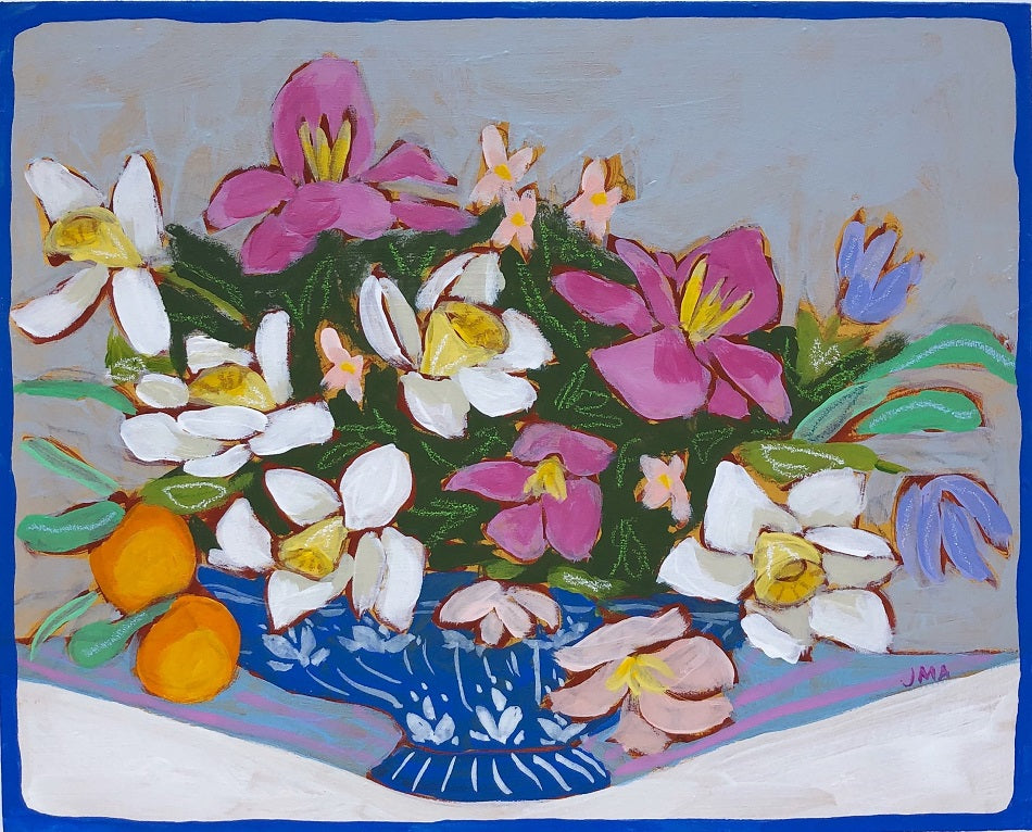 Royal Blue Lines and Flowers, 8"x10" Painting