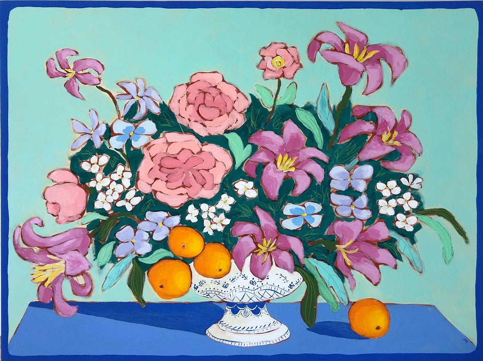 Sapphire Lines and Flowers, 36"x48" Painting