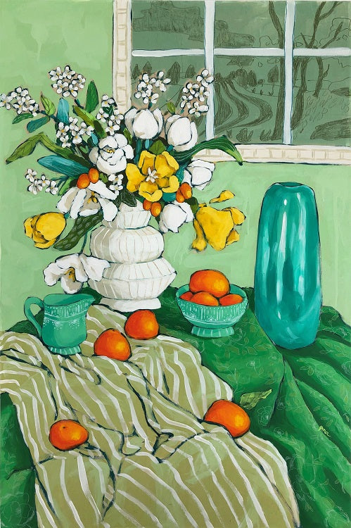 still life with green painting by jennifer allevato fine art
