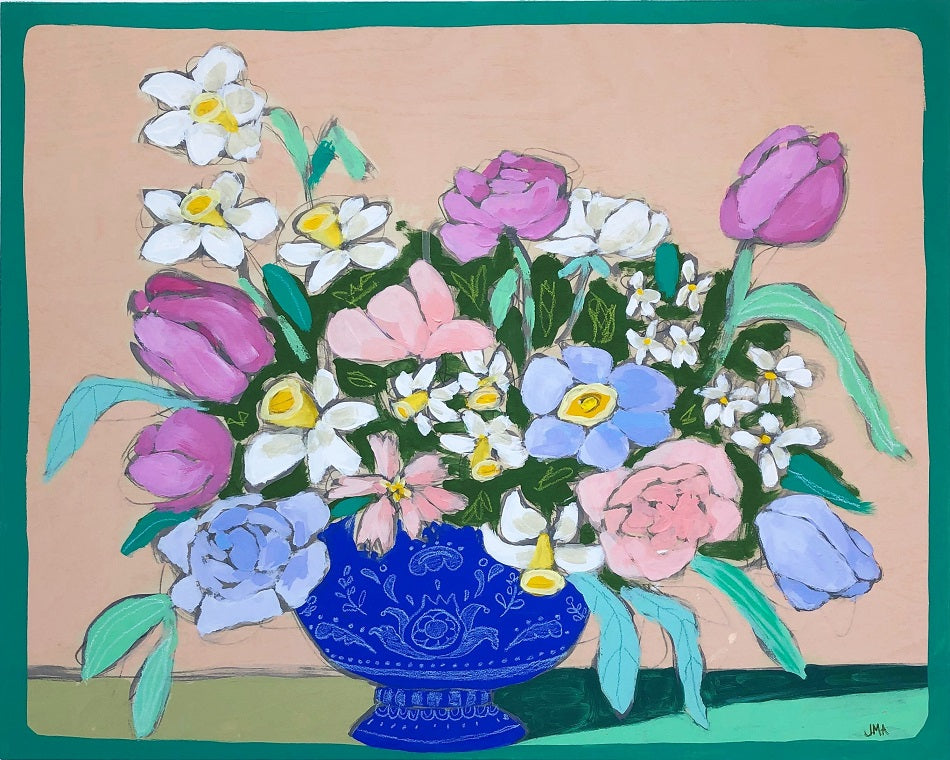 Teal Lines and Flowers, 16"x20" Painting