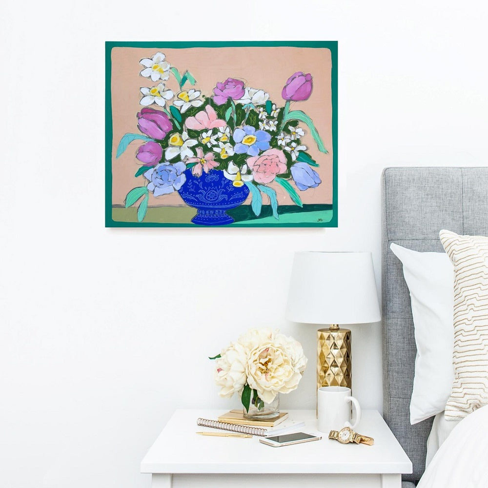 Teal Lines and Flowers, 16"x20" Painting