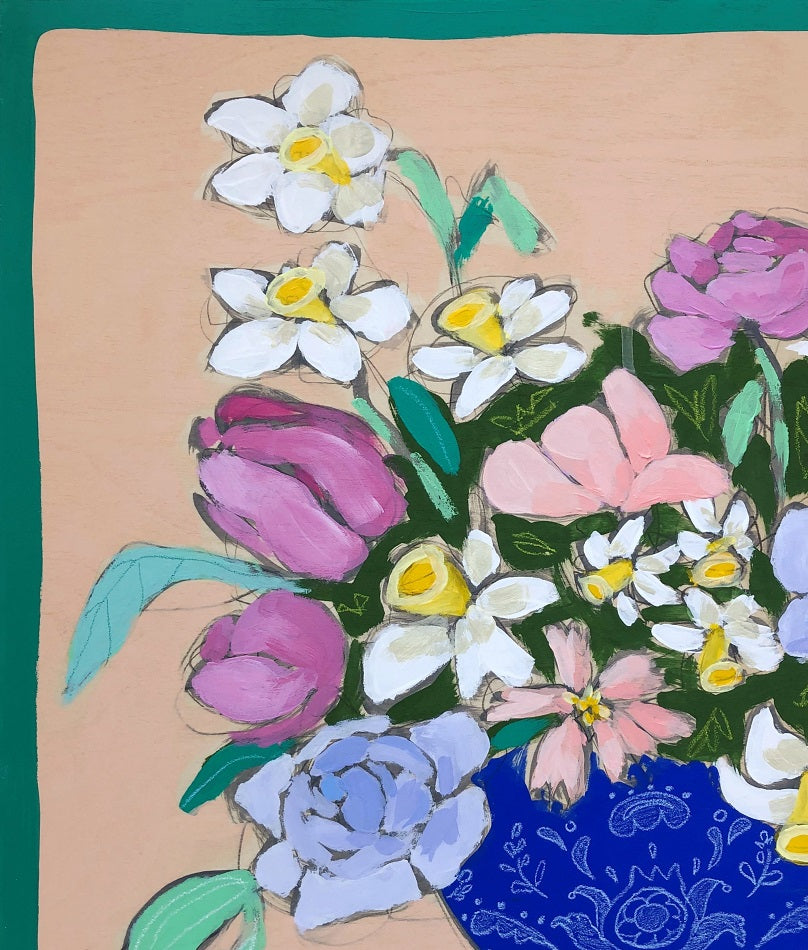 Teal Lines and Flowers, 16"x20" Painting