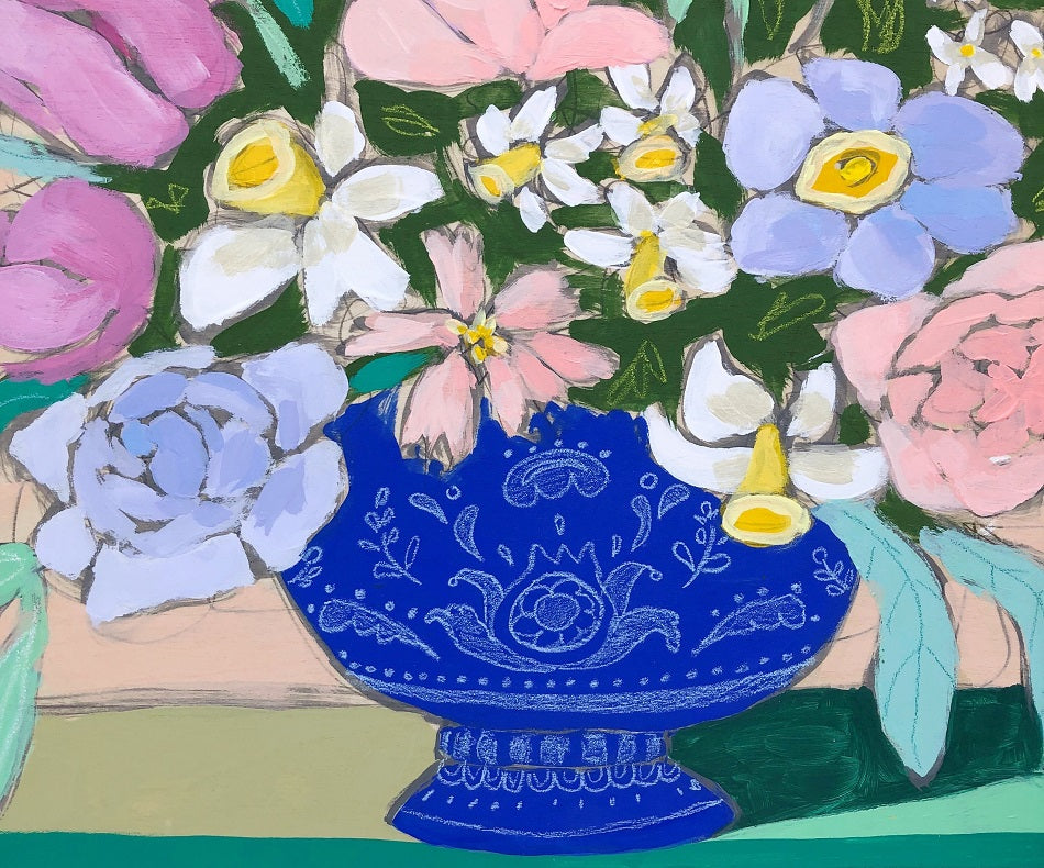 Teal Lines and Flowers, 16"x20" Painting