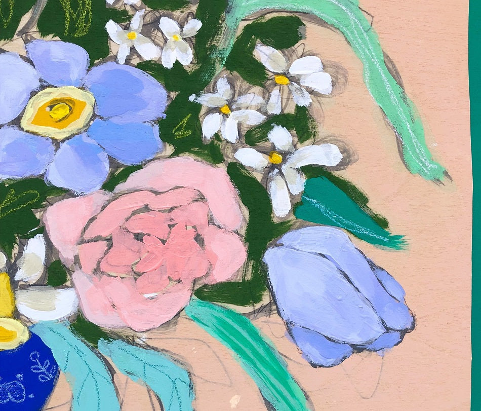 Teal Lines and Flowers, 16"x20" Painting