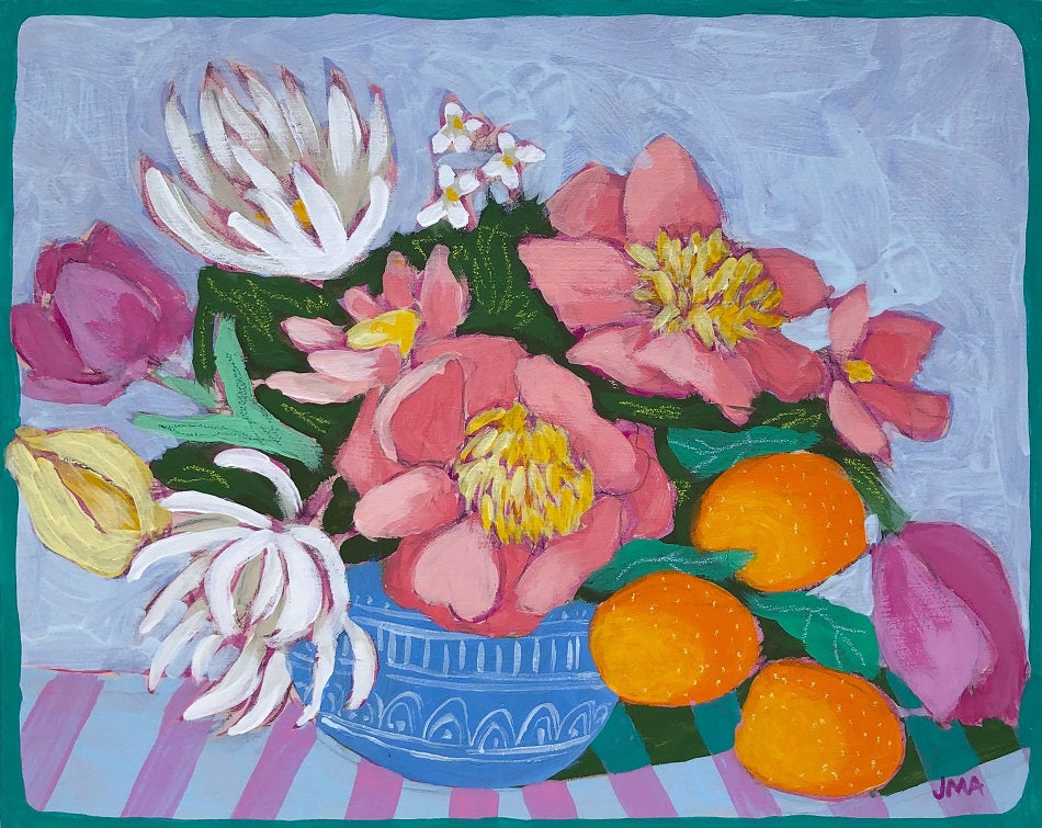 Turquoise Lines and Flowers, 8"x10" Painting