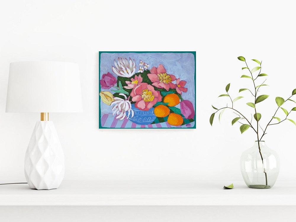 Turquoise Lines and Flowers, 8"x10" Painting